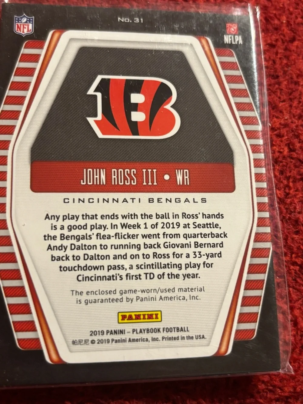 John Ross III 'Hot Routes' NFL Patch Card - Bengals 2019 panini